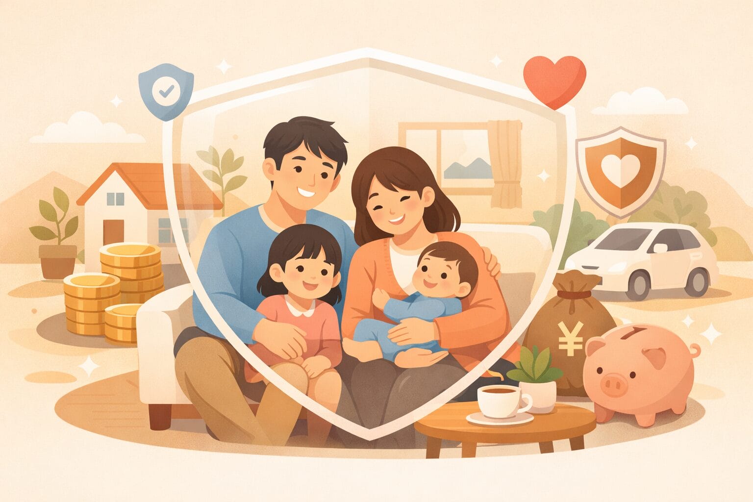 病気への備えと住宅ローンの安心感をイメージした家族のイラスト