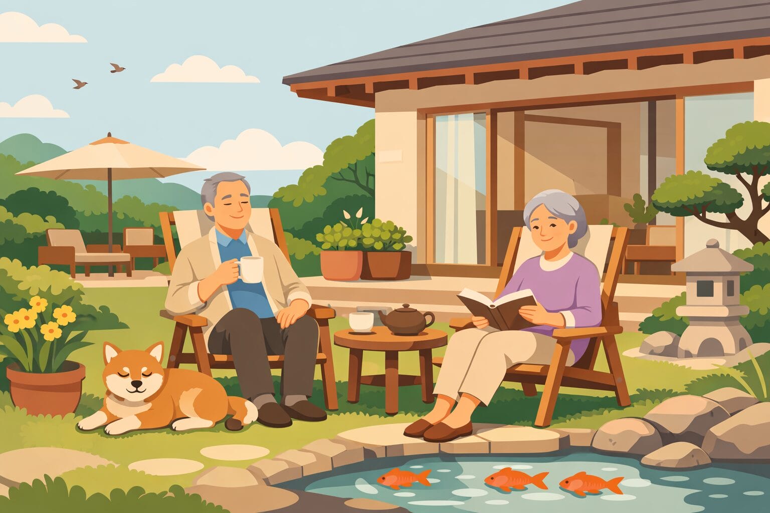自宅で穏やかに暮らすシニア夫婦のイメージイラスト