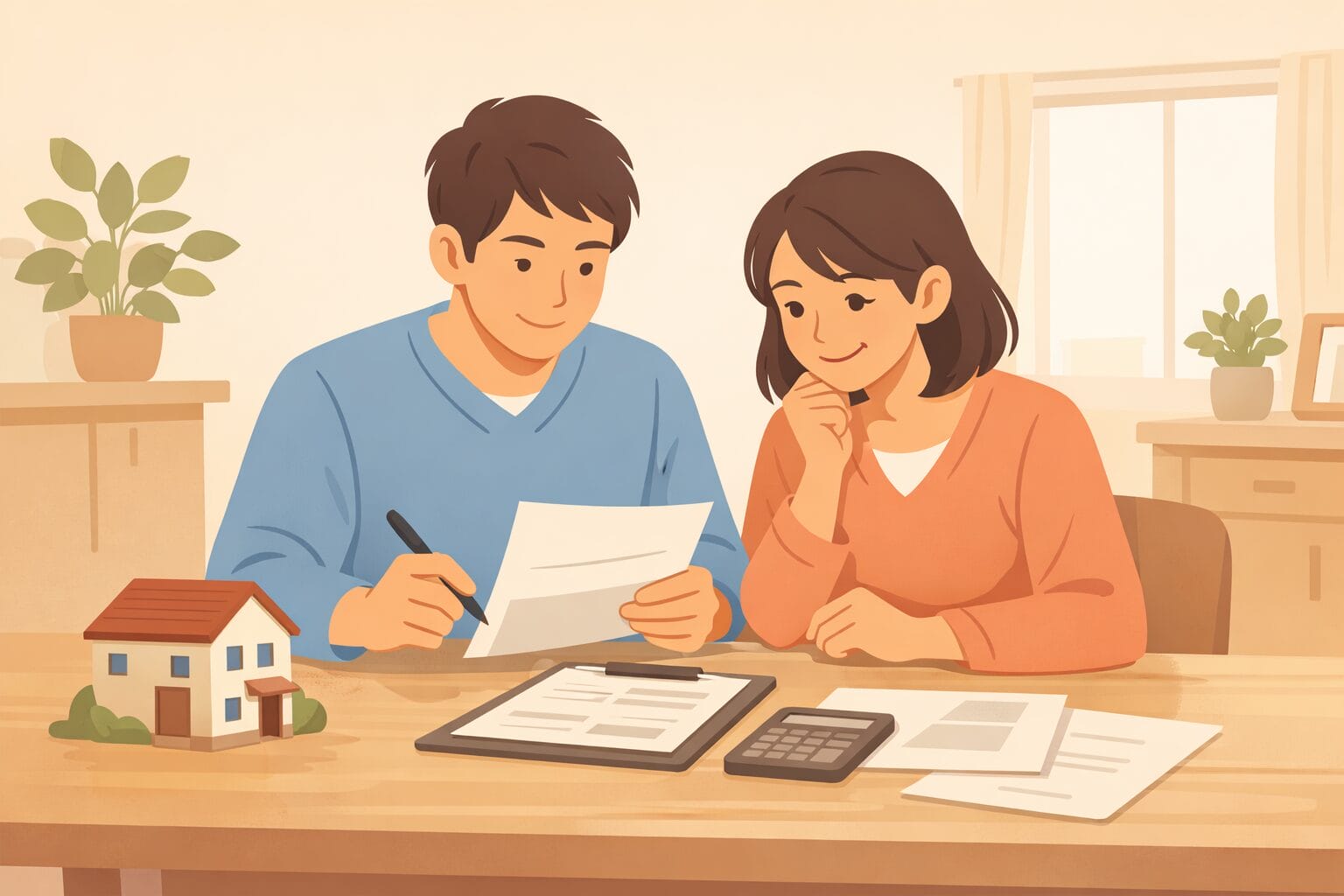 団体信用生命保険と住宅ローンの書類を確認する夫婦のイメージ