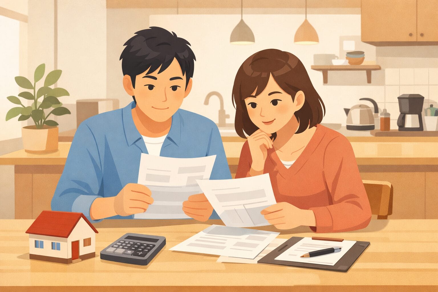 住宅ローンの借り換えを検討して書類と電卓を確認する夫婦のイメージ
