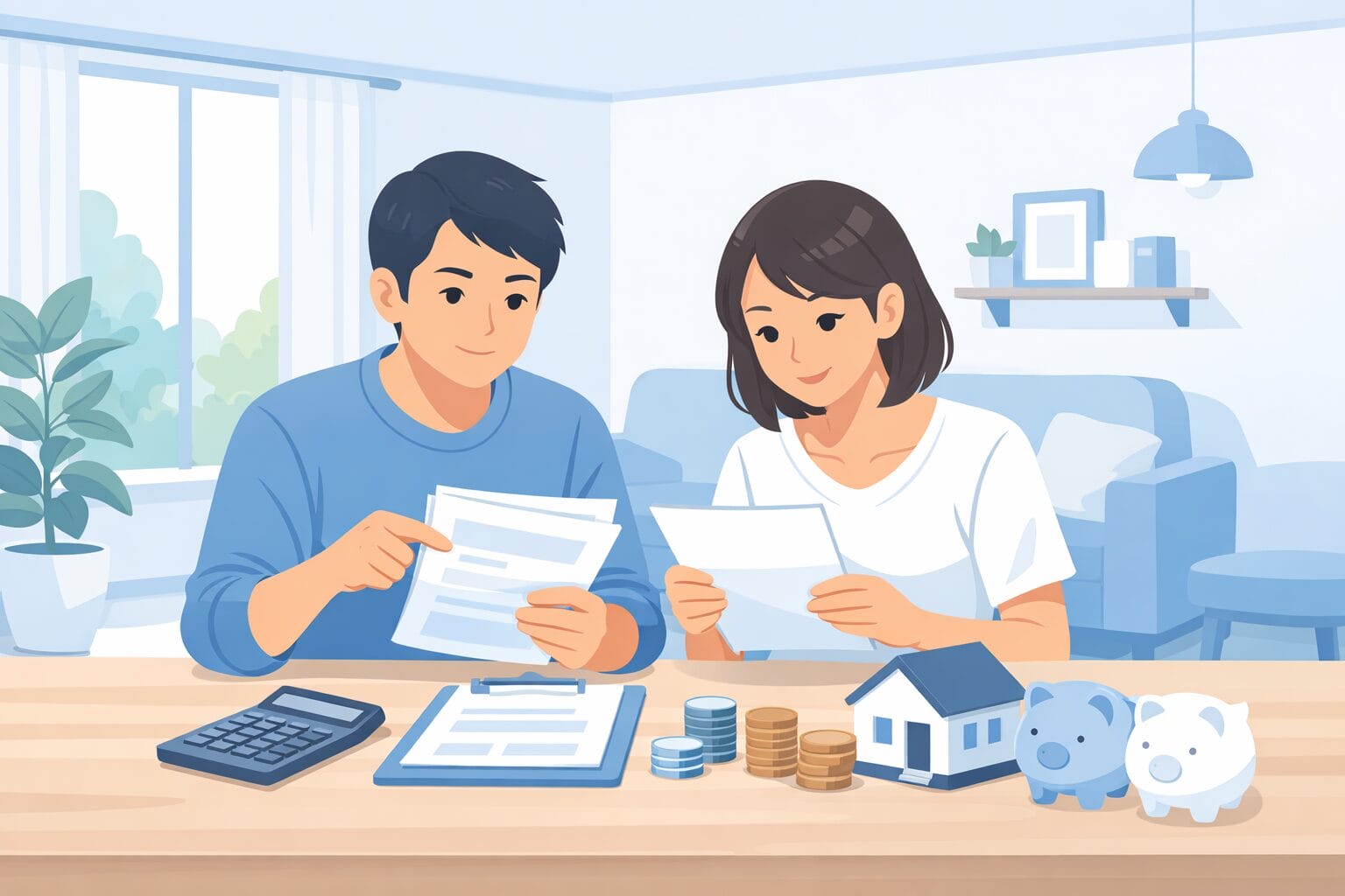 住宅ローンの借り換えを試算する夫婦のイメージ