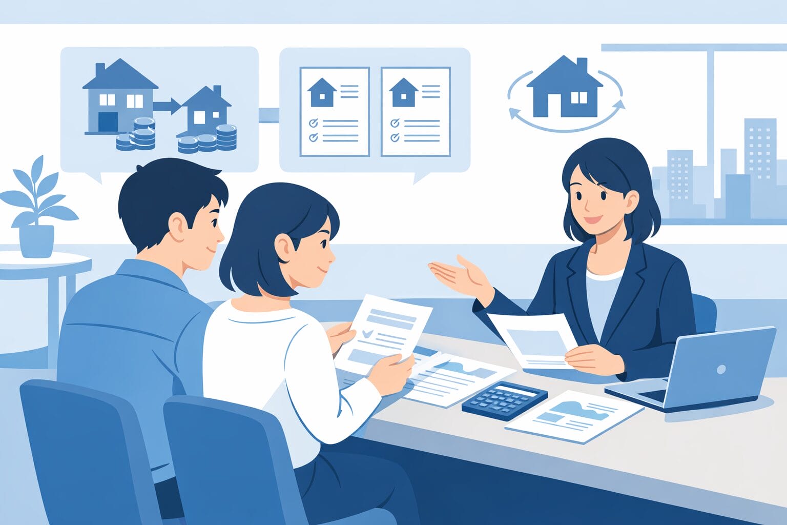 住宅ローンの借り換えを銀行の窓口で相談する夫婦のイメージ