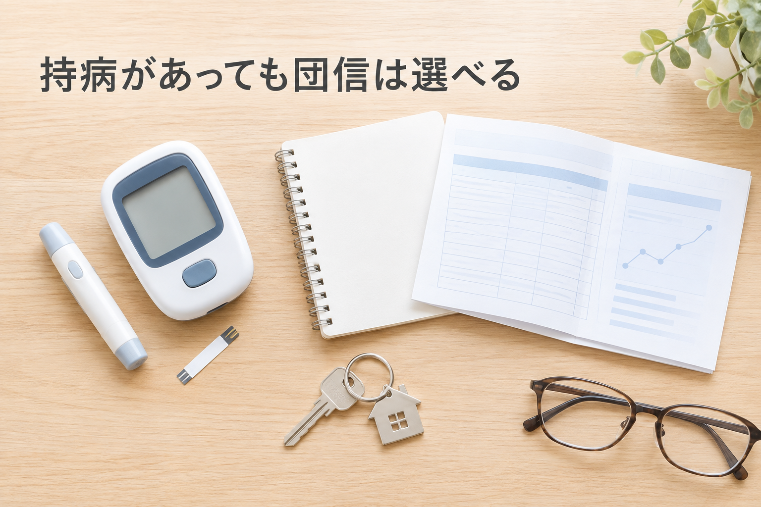 血糖値の測定器と健康診断の結果、家の鍵を並べた住宅ローンと団信の検討イメージ